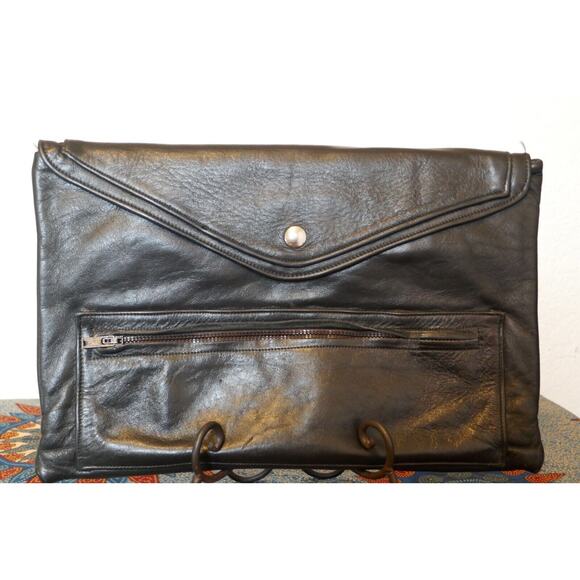 Vintage Black Leather Envelope Strapless Unisex Clutch Bag 9" x 13" Boho Hippie - Picture 4 of 16